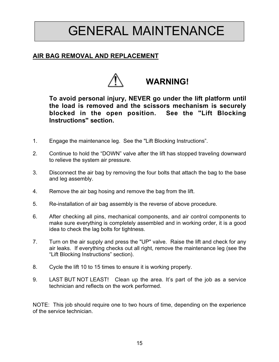 General maintenance, Warning | Autoquip AIR FORCE PNEUMATIC User Manual | Page 15 / 22