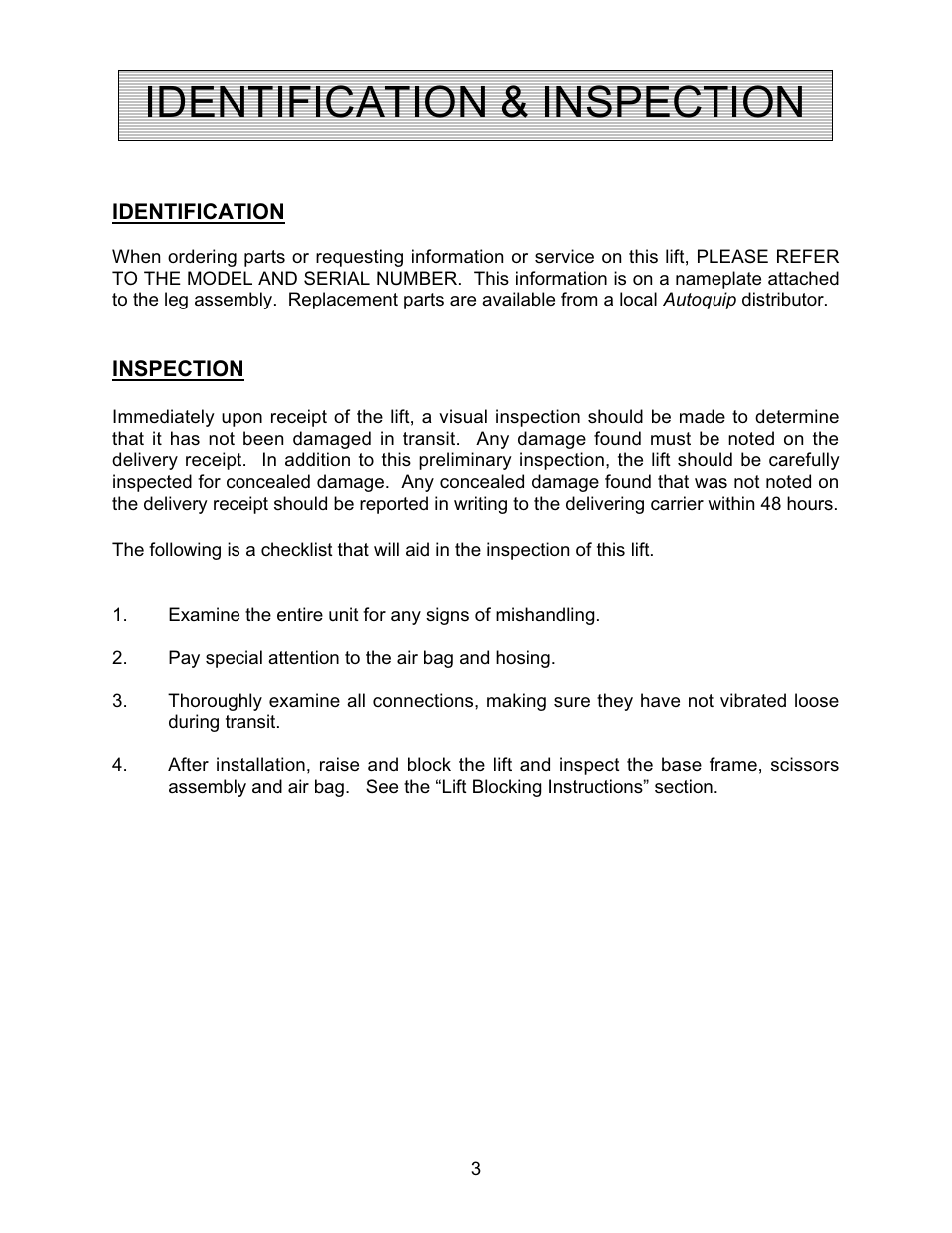 Identification & inspection | Autoquip AIR FORCE PNEUMATIC User Manual | Page 3 / 22