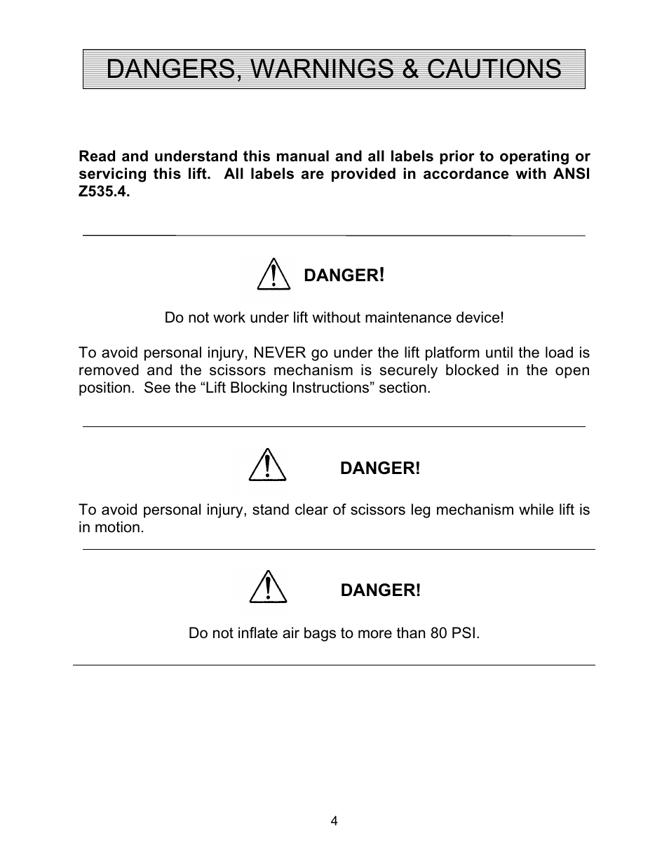 Dangers, warnings & cautions | Autoquip AIR FORCE PNEUMATIC User Manual | Page 4 / 22