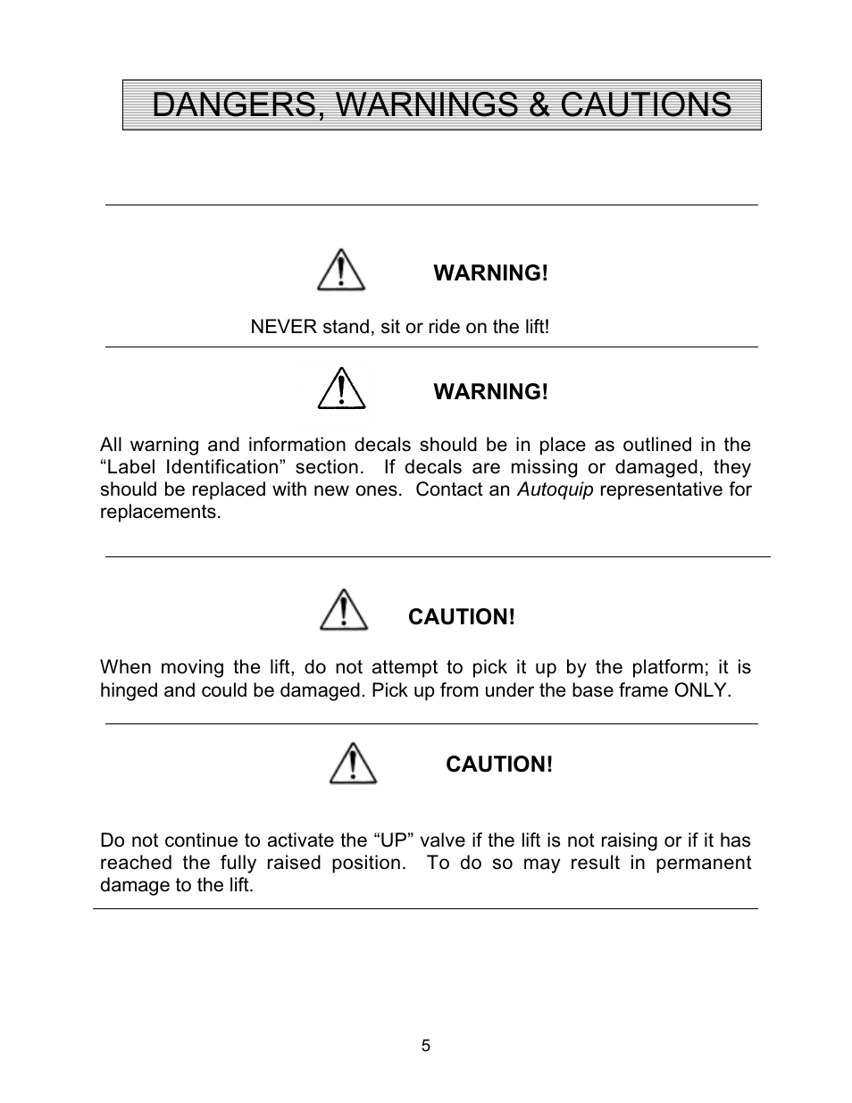 Dangers, warnings & cautions | Autoquip AIR FORCE PNEUMATIC User Manual | Page 5 / 22