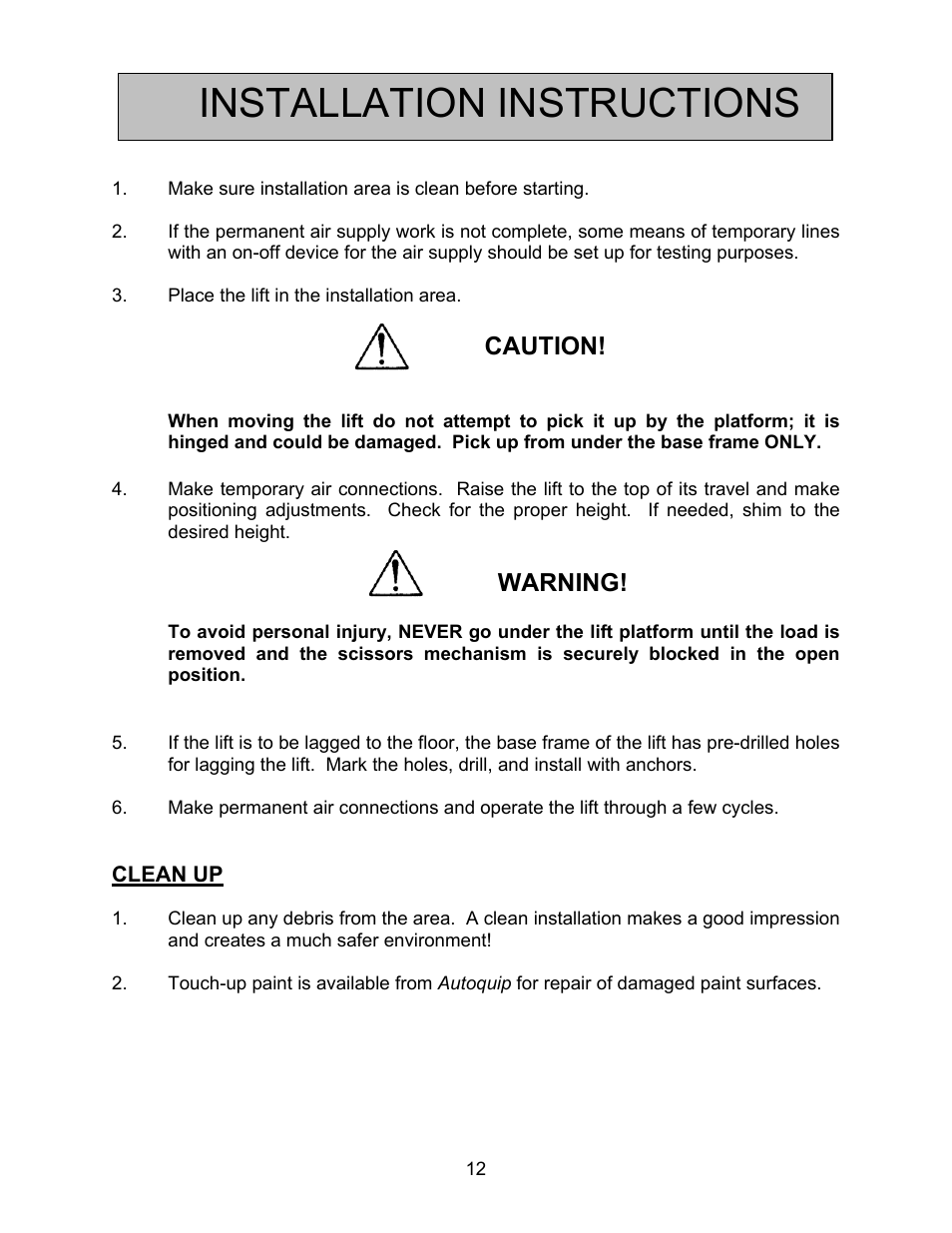 Installation instructions, Caution, Warning | Autoquip ABS AIR BAG LIFT User Manual | Page 12 / 21