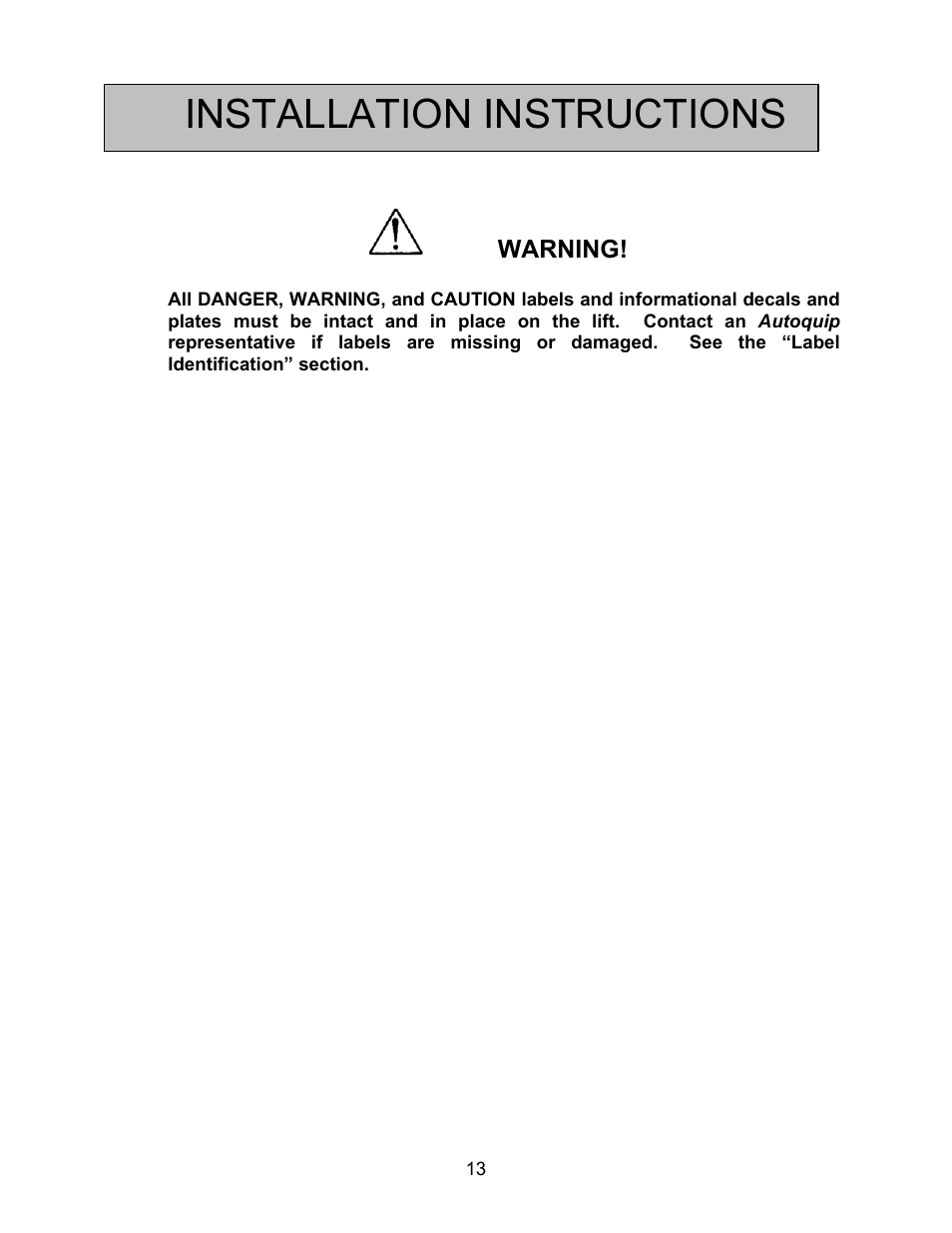 Installation instructions | Autoquip ABS AIR BAG LIFT User Manual | Page 13 / 21