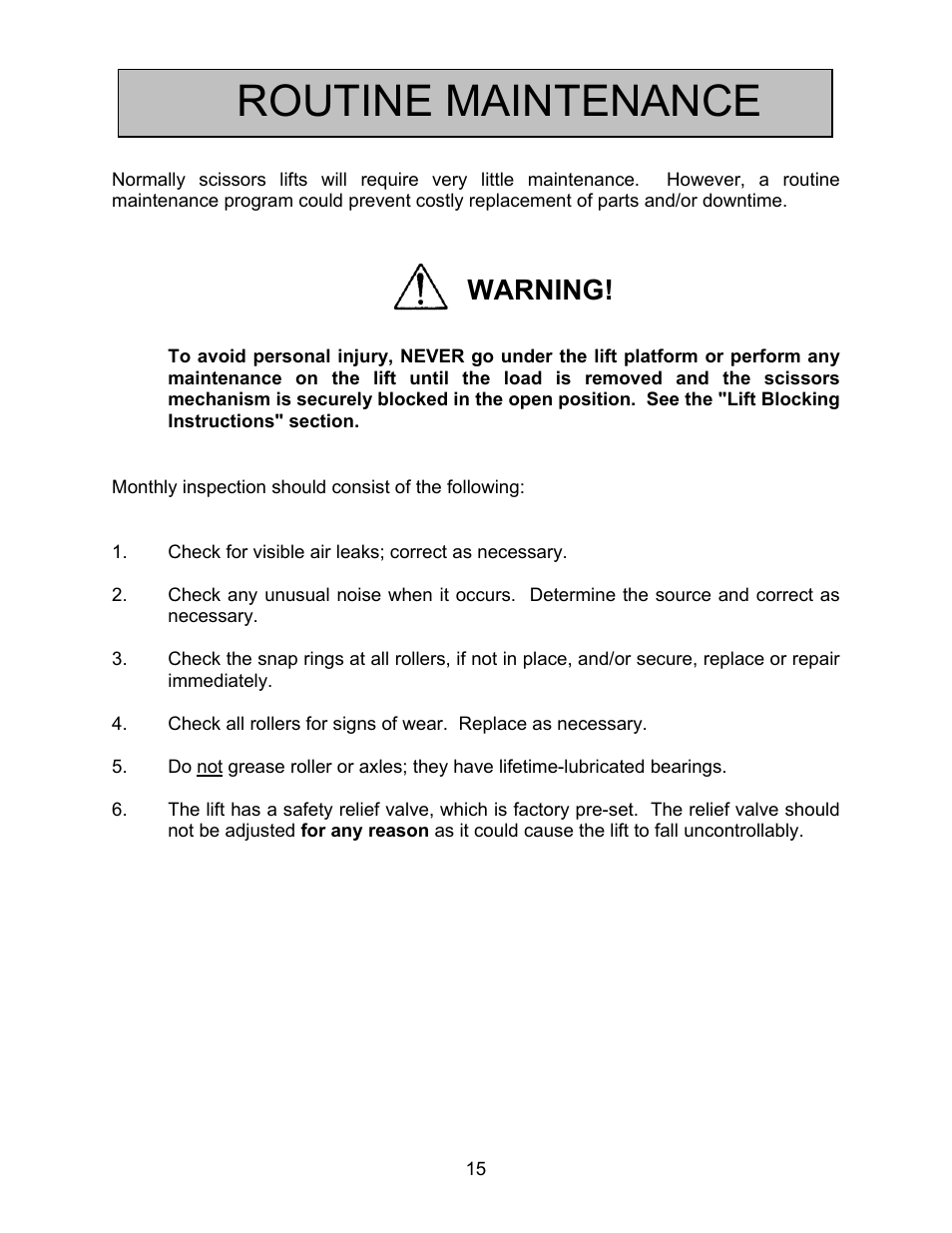 Routine maintenance, Warning | Autoquip ABS AIR BAG LIFT User Manual | Page 15 / 21