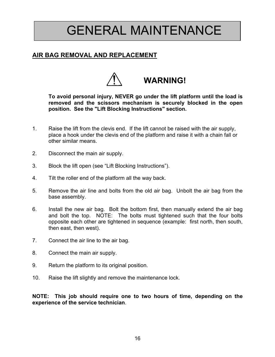 General maintenance, Warning | Autoquip ABS AIR BAG LIFT User Manual | Page 16 / 21