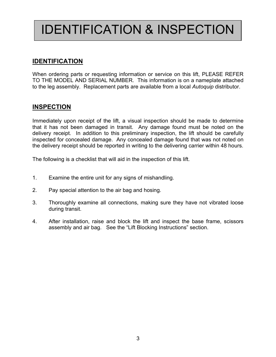 Identification & inspection | Autoquip ABS AIR BAG LIFT User Manual | Page 3 / 21