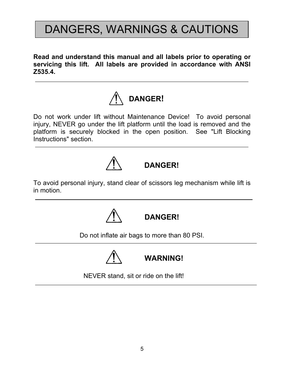 Dangers, warnings & cautions | Autoquip ABS AIR BAG LIFT User Manual | Page 5 / 21