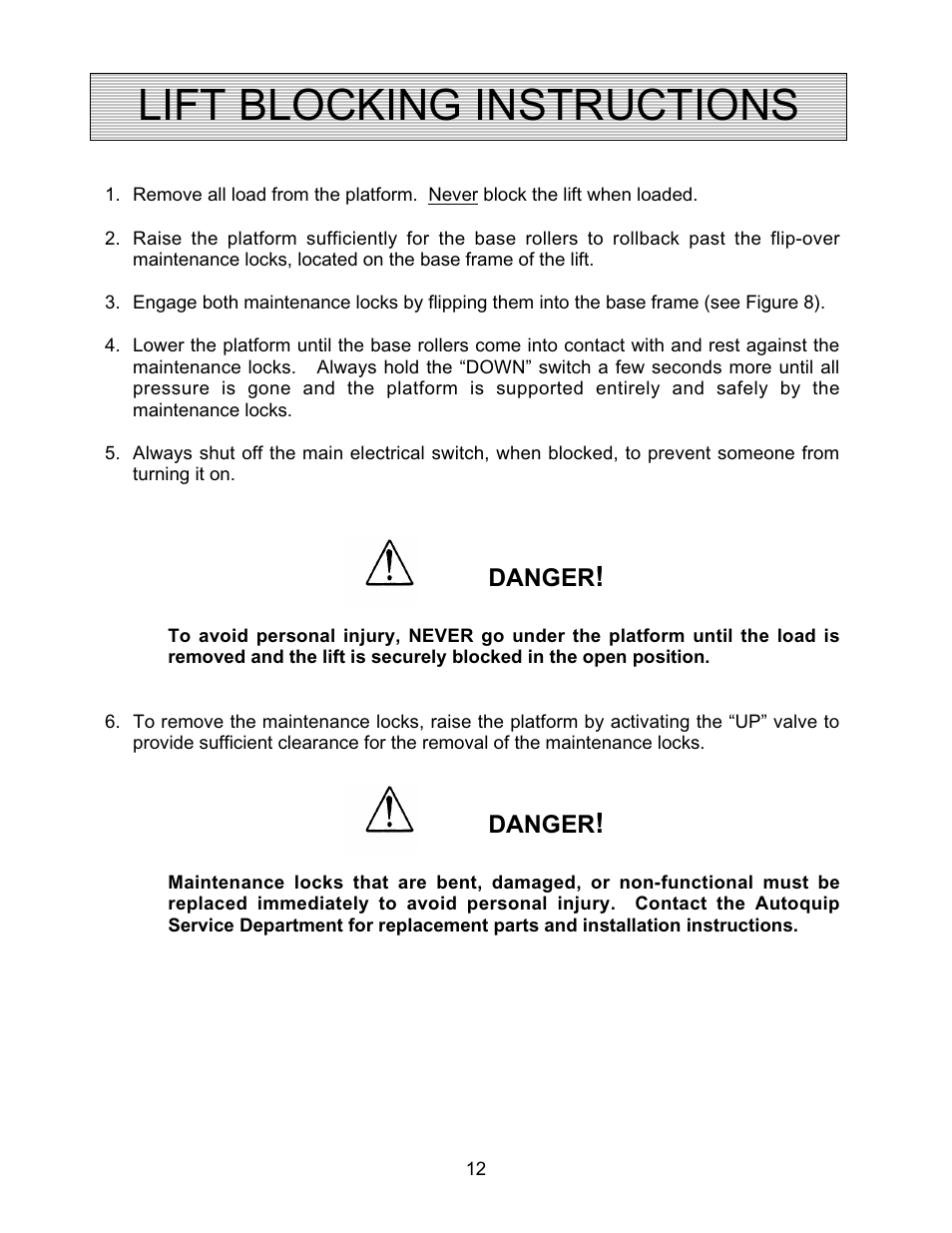 Lift blocking instructions | Autoquip COIL TRANSFER CARS User Manual | Page 12 / 36