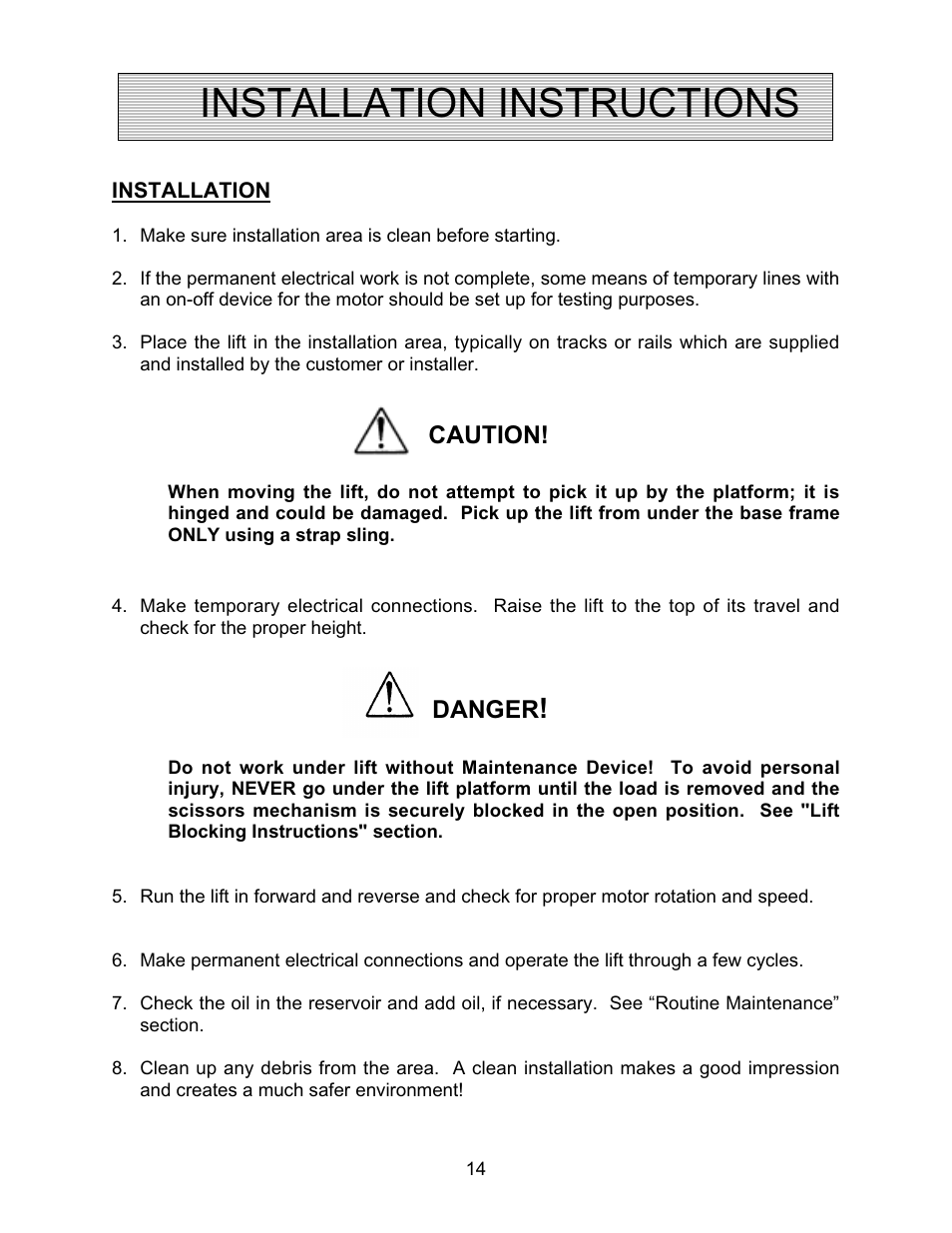 Installation instructions, Caution, Danger | Autoquip COIL TRANSFER CARS User Manual | Page 14 / 36