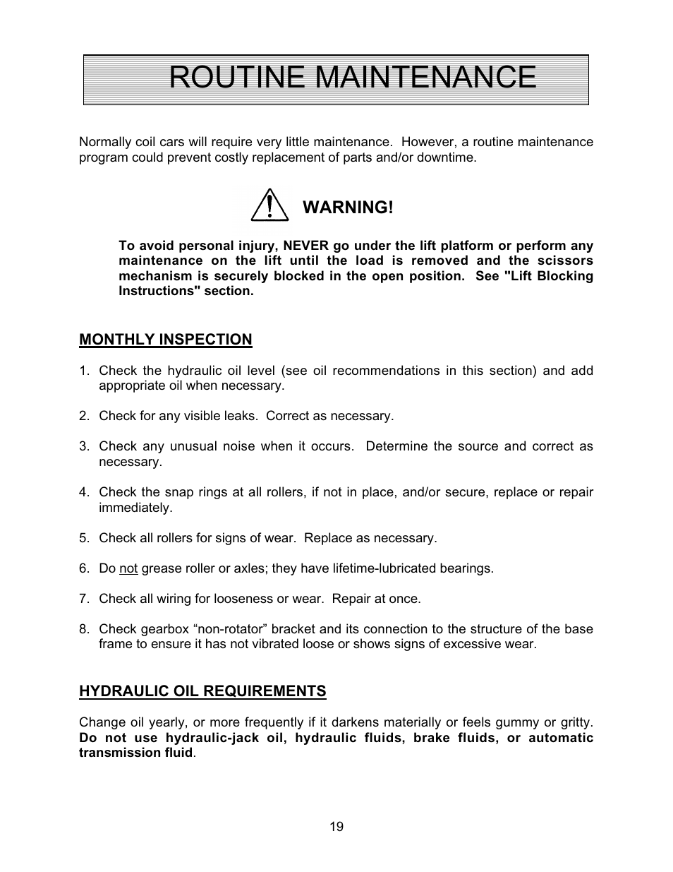 Routine maintenance, Warning | Autoquip COIL TRANSFER CARS User Manual | Page 19 / 36