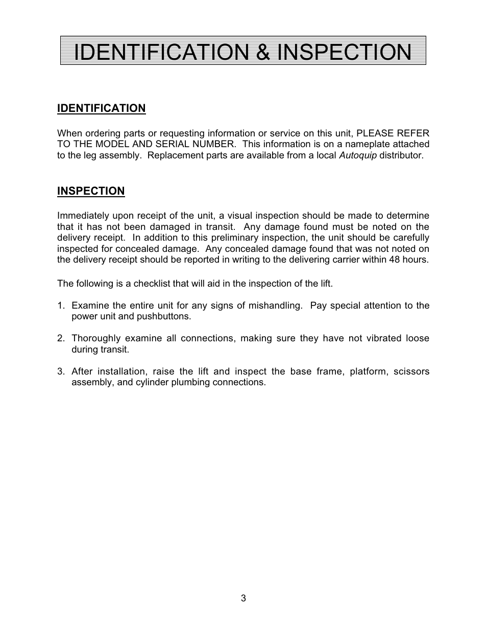 Identification & inspection | Autoquip COIL TRANSFER CARS User Manual | Page 3 / 36