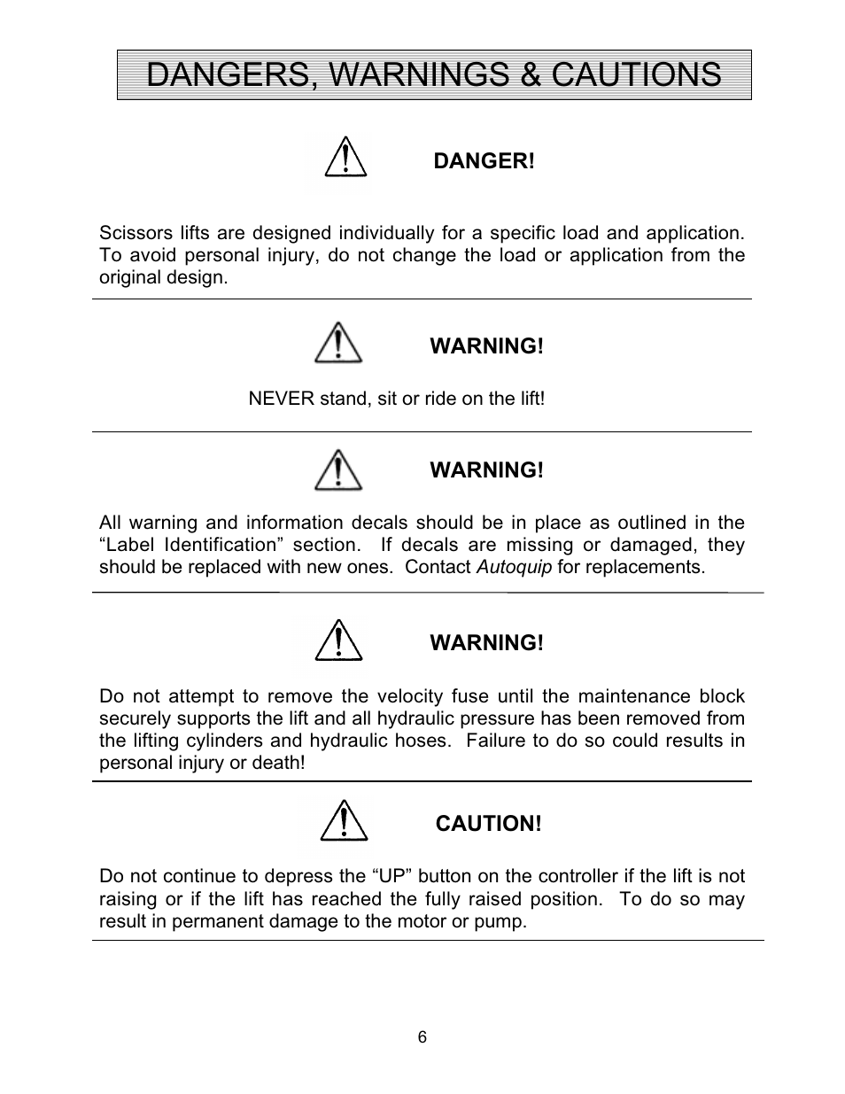 Dangers, warnings & cautions | Autoquip COIL TRANSFER CARS User Manual | Page 6 / 36