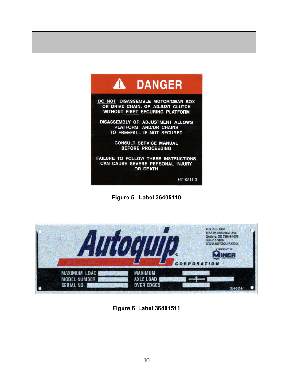 Label identification | Autoquip HORIZONTAL BALL SCREW User Manual | Page 10 / 23