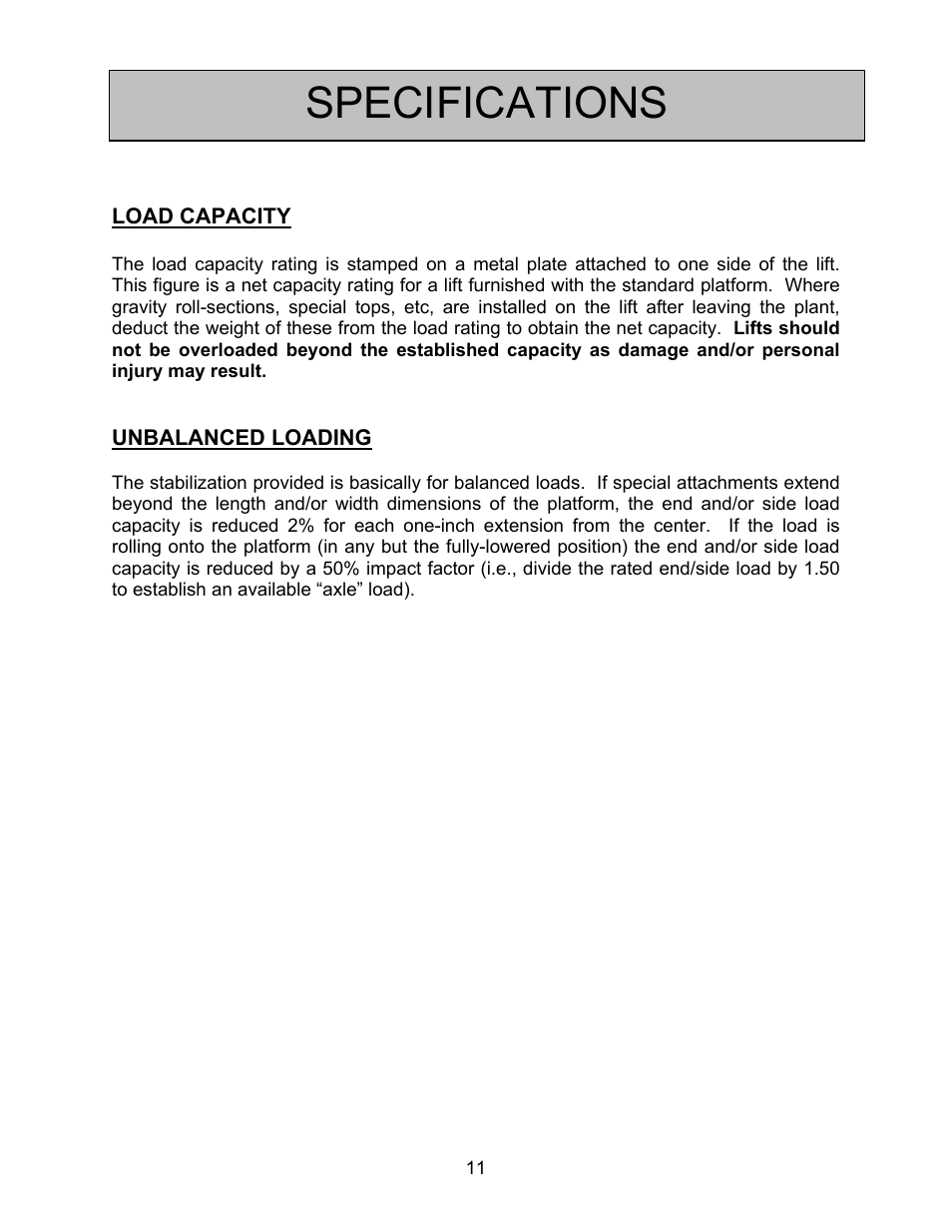 Specifications, Load capacity, Unbalanced loading | Autoquip HORIZONTAL BALL SCREW User Manual | Page 11 / 23