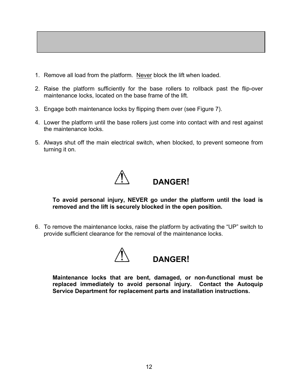 Lift blocking instructions | Autoquip HORIZONTAL BALL SCREW User Manual | Page 12 / 23