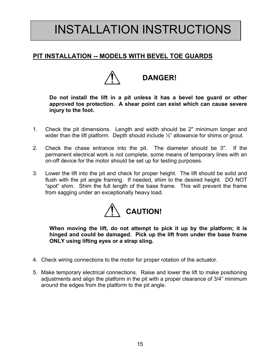 Installation instructions, Danger, Caution | Autoquip HORIZONTAL BALL SCREW User Manual | Page 15 / 23