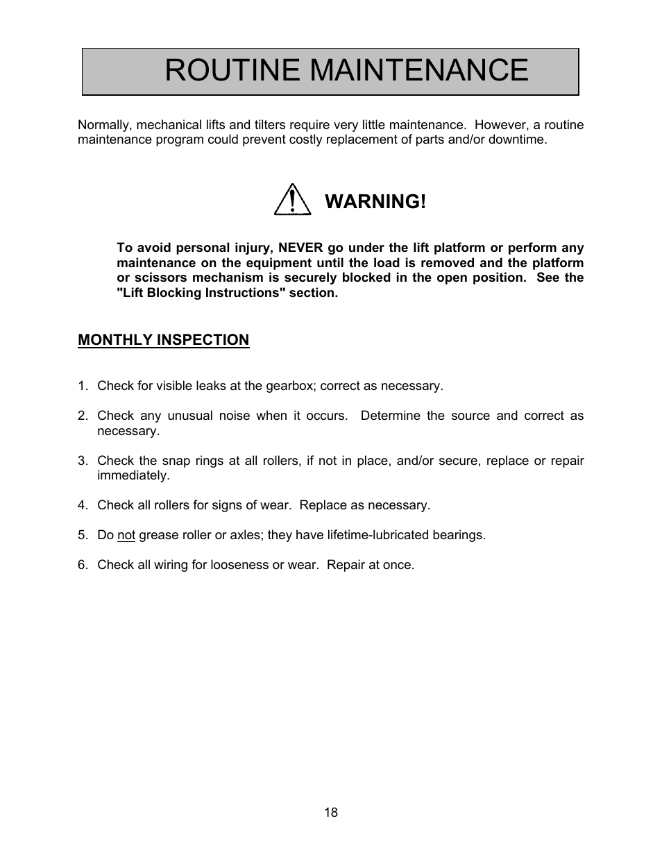 Routine maintenance, Warning | Autoquip HORIZONTAL BALL SCREW User Manual | Page 18 / 23