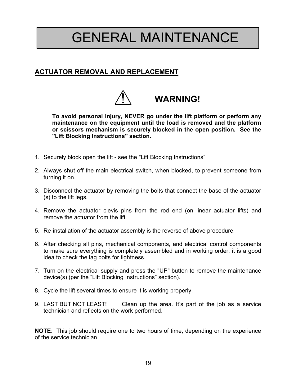 General maintenance, Warning | Autoquip HORIZONTAL BALL SCREW User Manual | Page 19 / 23