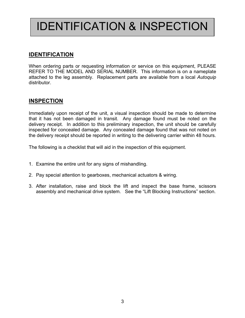 Identification & inspection | Autoquip HORIZONTAL BALL SCREW User Manual | Page 3 / 23