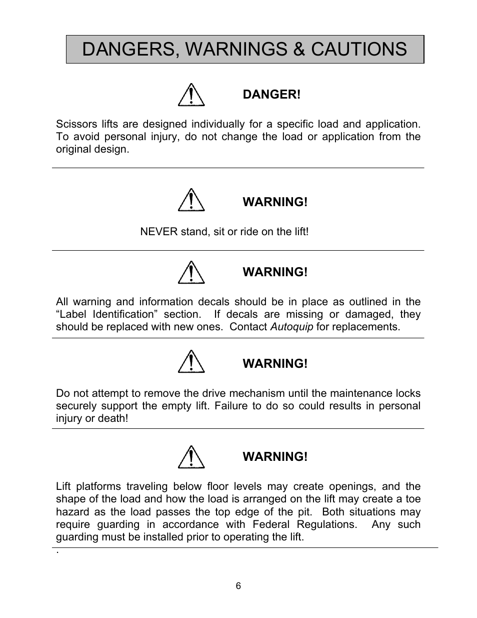 Dangers, warnings & cautions | Autoquip HORIZONTAL BALL SCREW User Manual | Page 6 / 23