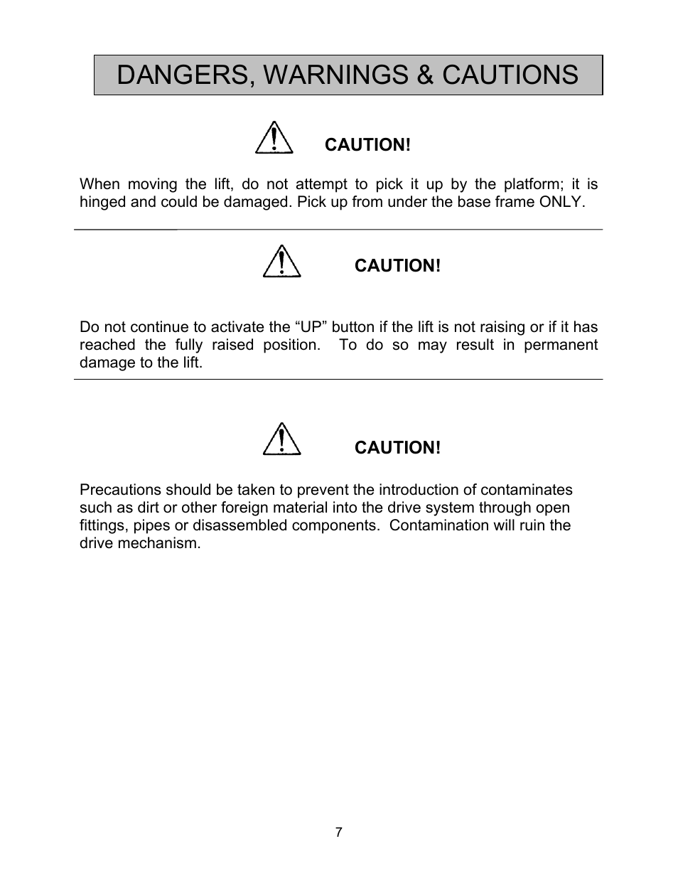 Dangers, warnings & cautions | Autoquip HORIZONTAL BALL SCREW User Manual | Page 7 / 23