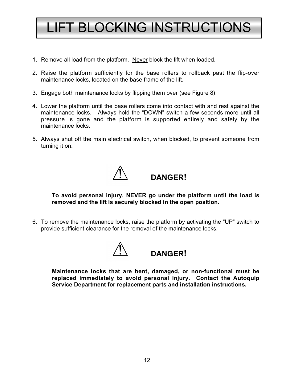 Lift blocking instructions | Autoquip SPIRALIFT SCISSORS LIFT User Manual | Page 12 / 27