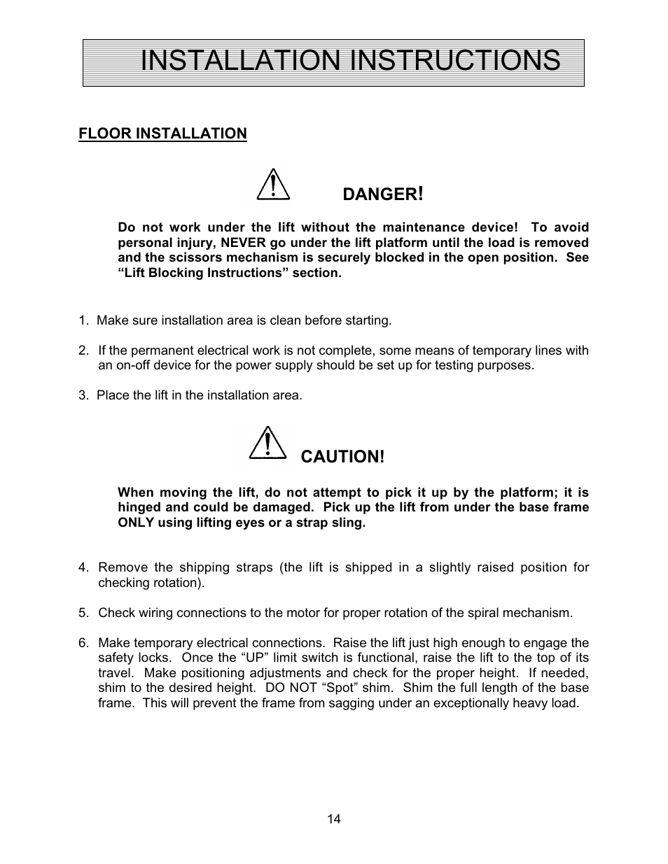 Installation instructions | Autoquip SPIRALIFT SCISSORS LIFT User Manual | Page 14 / 27