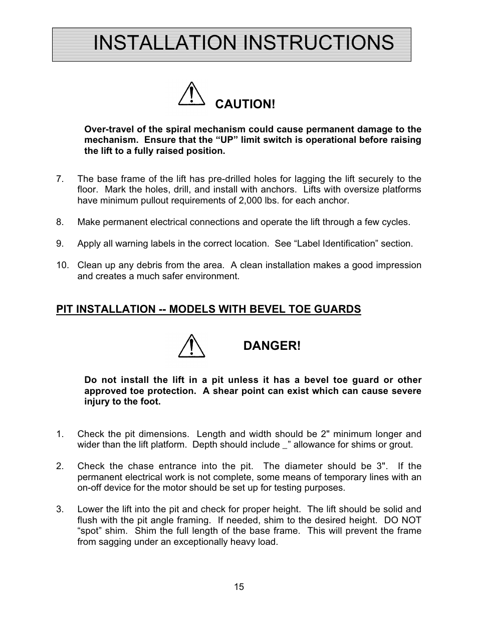 Installation instructions, Caution, Danger | Autoquip SPIRALIFT SCISSORS LIFT User Manual | Page 15 / 27