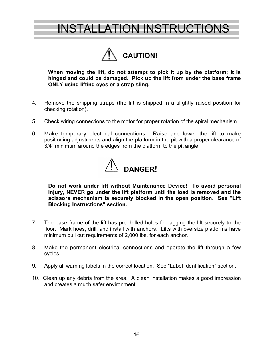 Installation instructions, Caution, Danger | Autoquip SPIRALIFT SCISSORS LIFT User Manual | Page 16 / 27