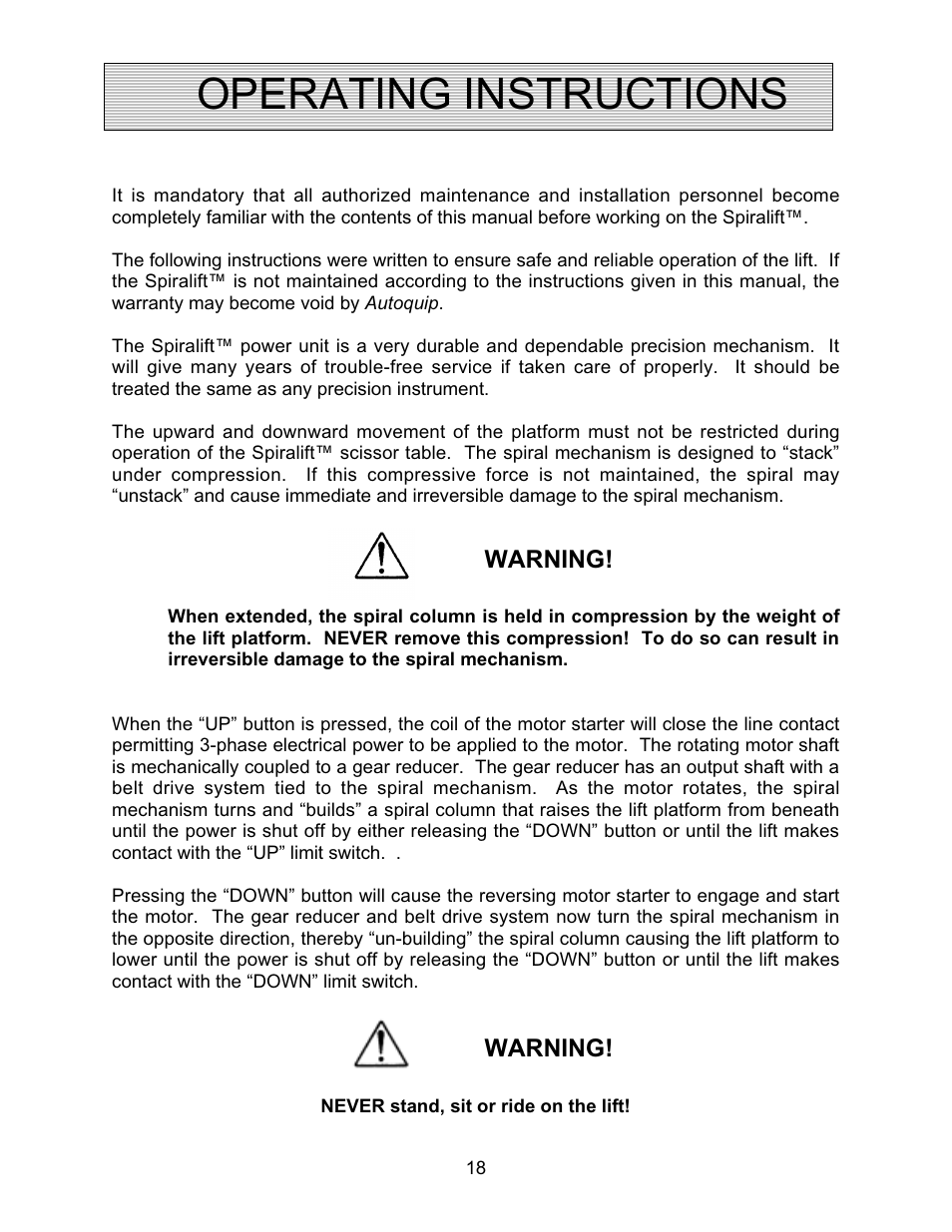 Operating instructions | Autoquip SPIRALIFT SCISSORS LIFT User Manual | Page 18 / 27