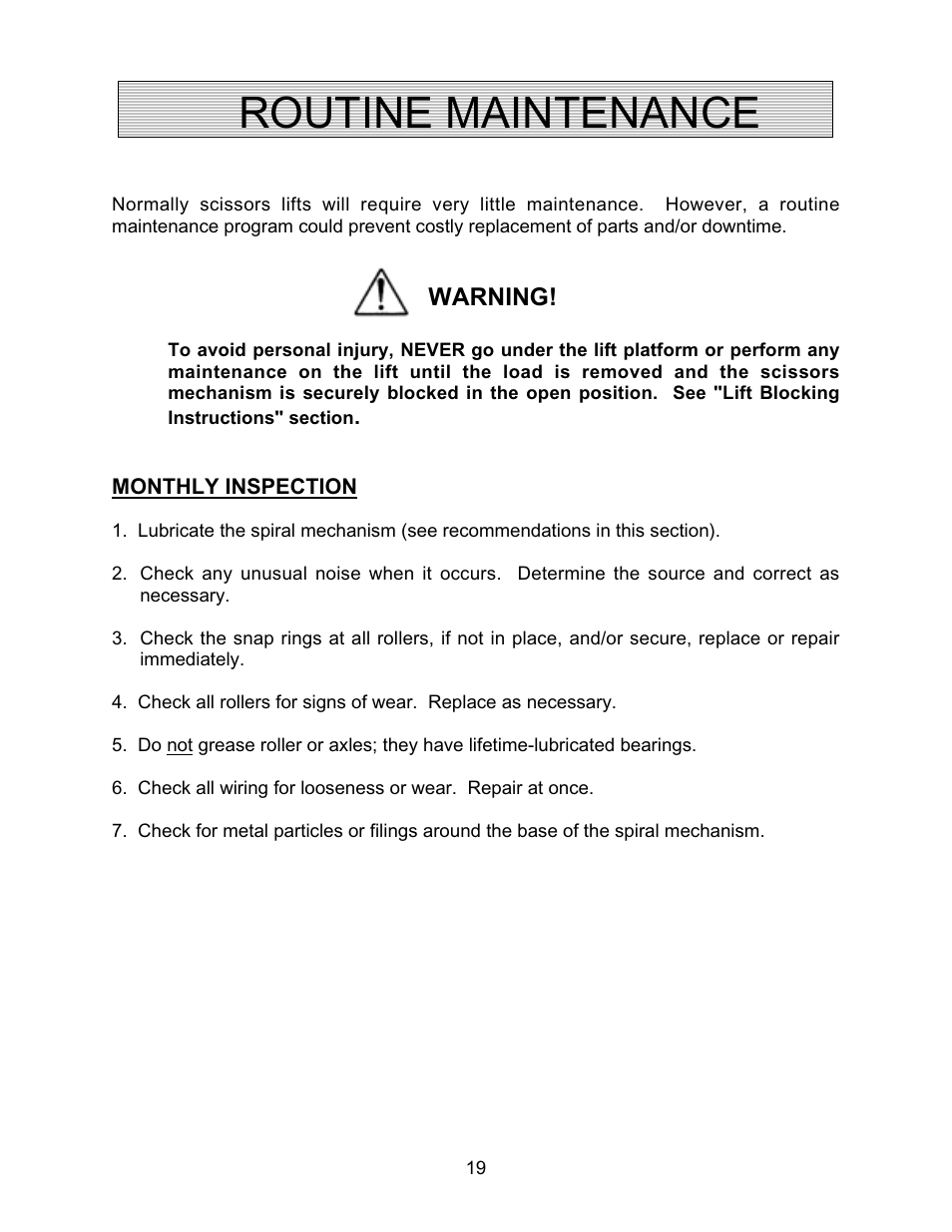 Routine maintenance, Warning | Autoquip SPIRALIFT SCISSORS LIFT User Manual | Page 19 / 27