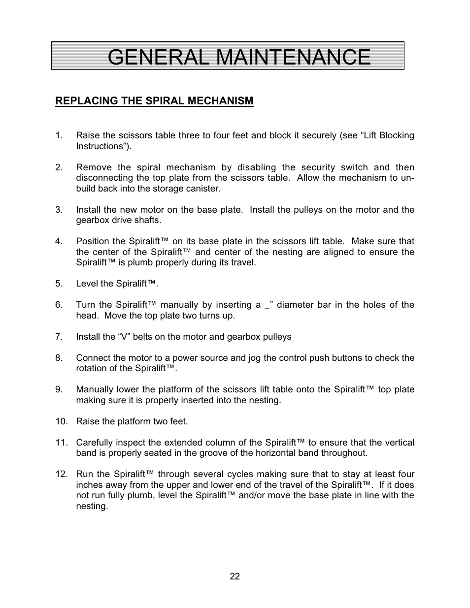 General maintenance | Autoquip SPIRALIFT SCISSORS LIFT User Manual | Page 22 / 27