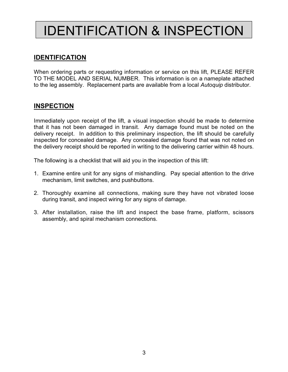 Identification & inspection | Autoquip SPIRALIFT SCISSORS LIFT User Manual | Page 3 / 27