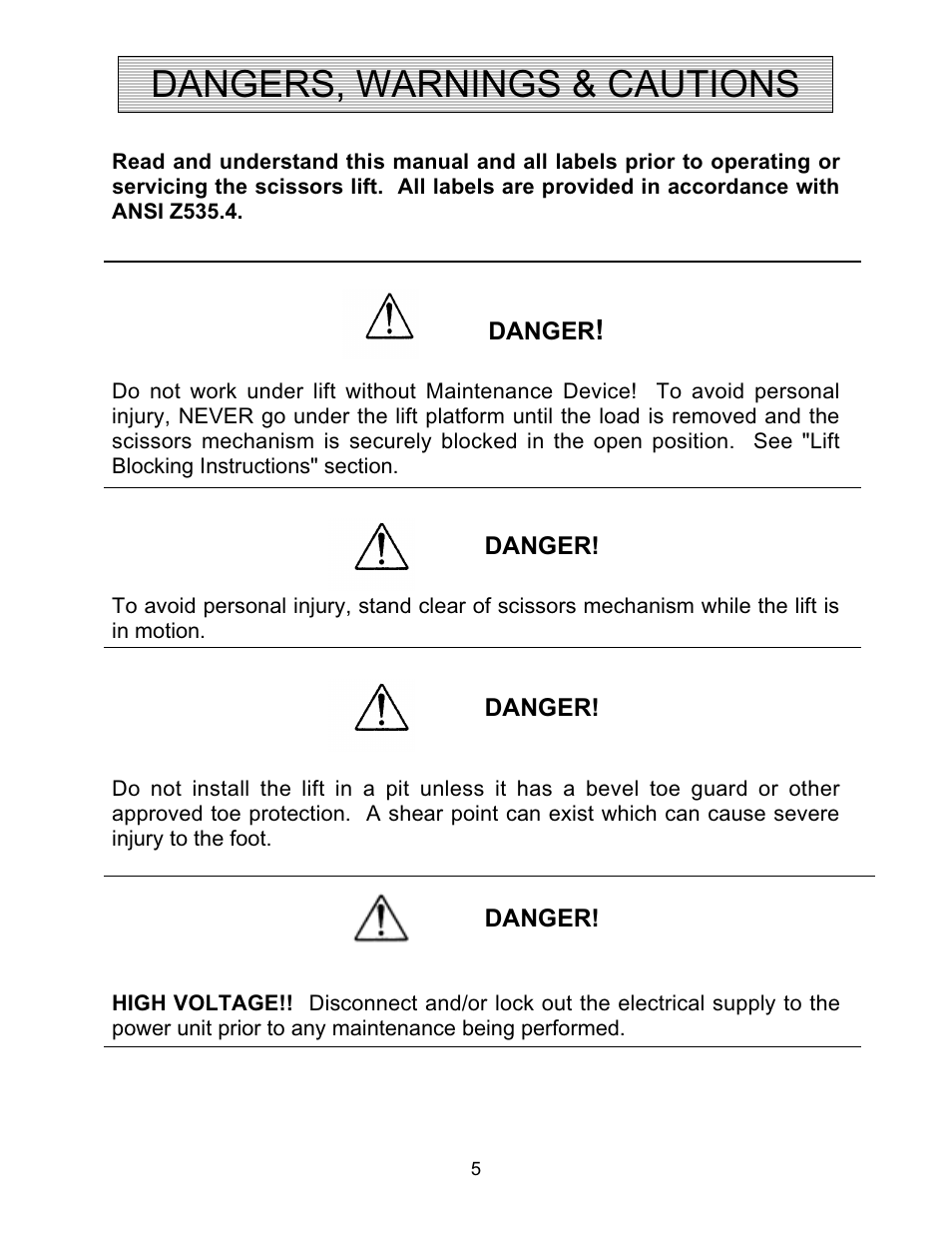 Dangers, warnings & cautions | Autoquip SPIRALIFT SCISSORS LIFT User Manual | Page 5 / 27