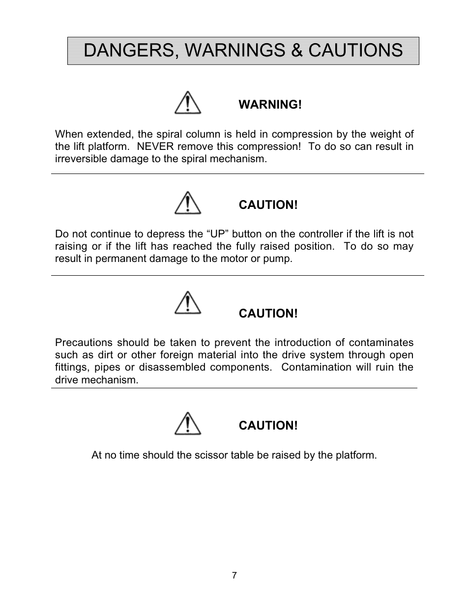 Dangers, warnings & cautions | Autoquip SPIRALIFT SCISSORS LIFT User Manual | Page 7 / 27