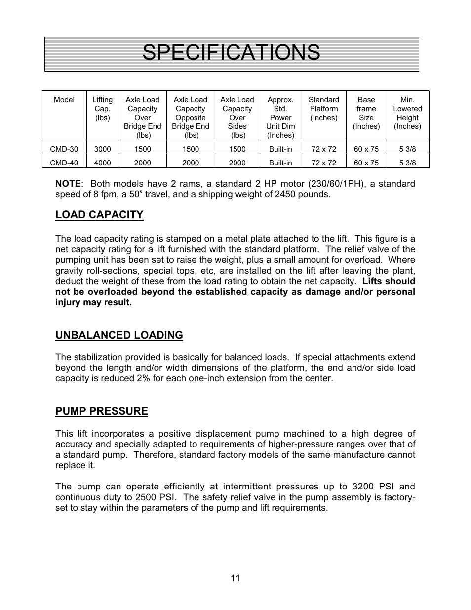 Specifications, Load capacity, Unbalanced loading | Pump pressure | Autoquip CMD DOCK LIFT User Manual | Page 11 / 31