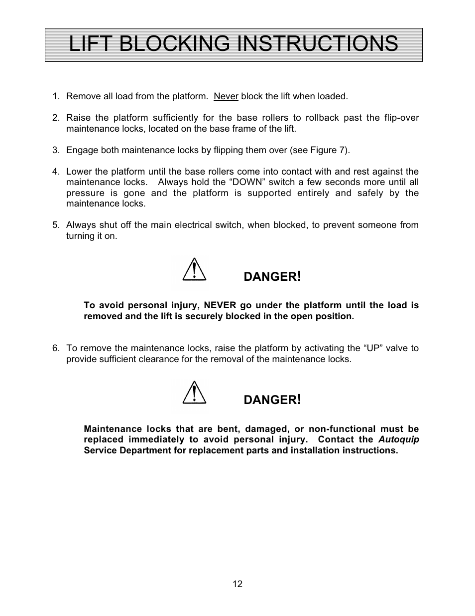 Lift blocking instructions | Autoquip CMD DOCK LIFT User Manual | Page 12 / 31