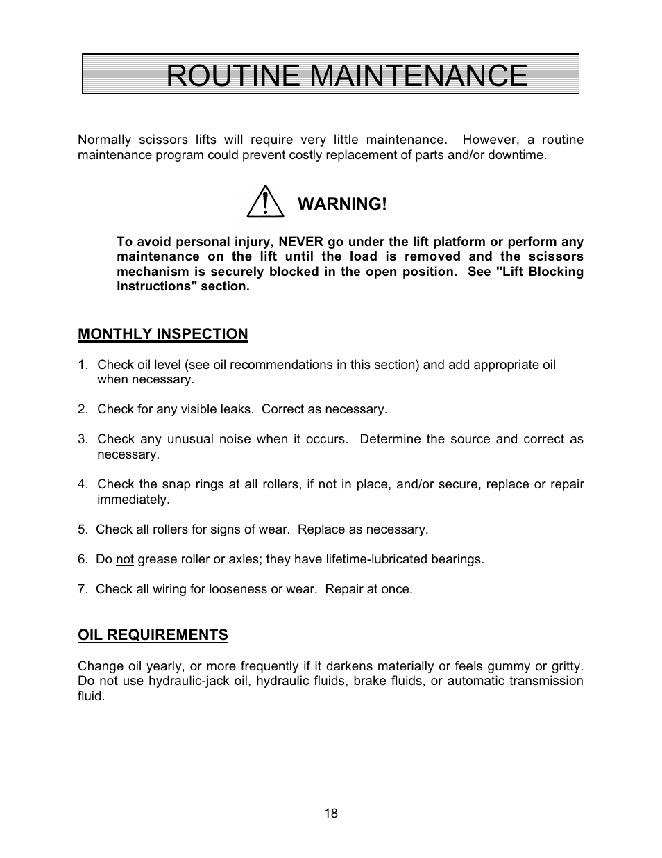 Routine maintenance, Warning | Autoquip CMD DOCK LIFT User Manual | Page 18 / 31