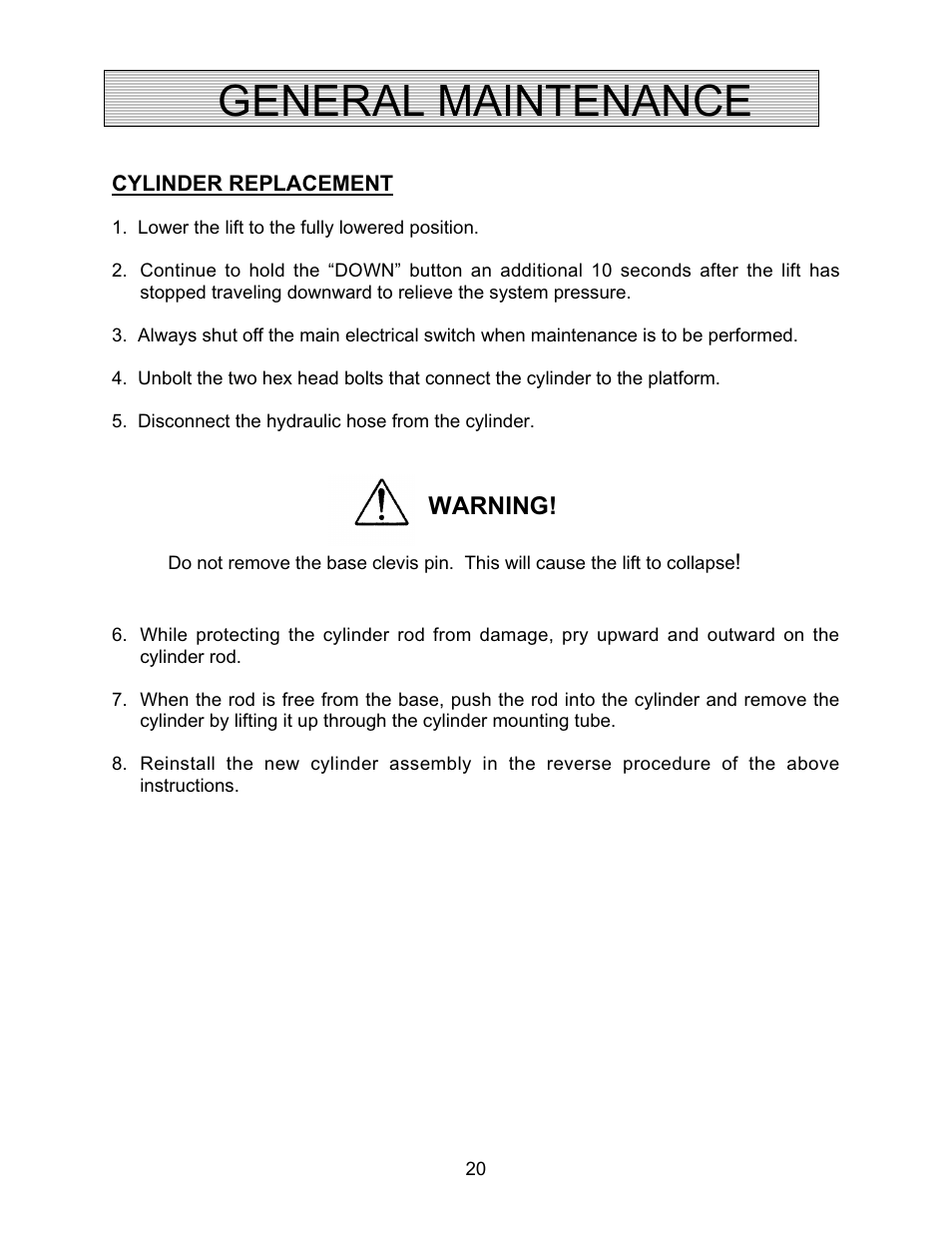 General maintenance, Warning | Autoquip CMD DOCK LIFT User Manual | Page 20 / 31