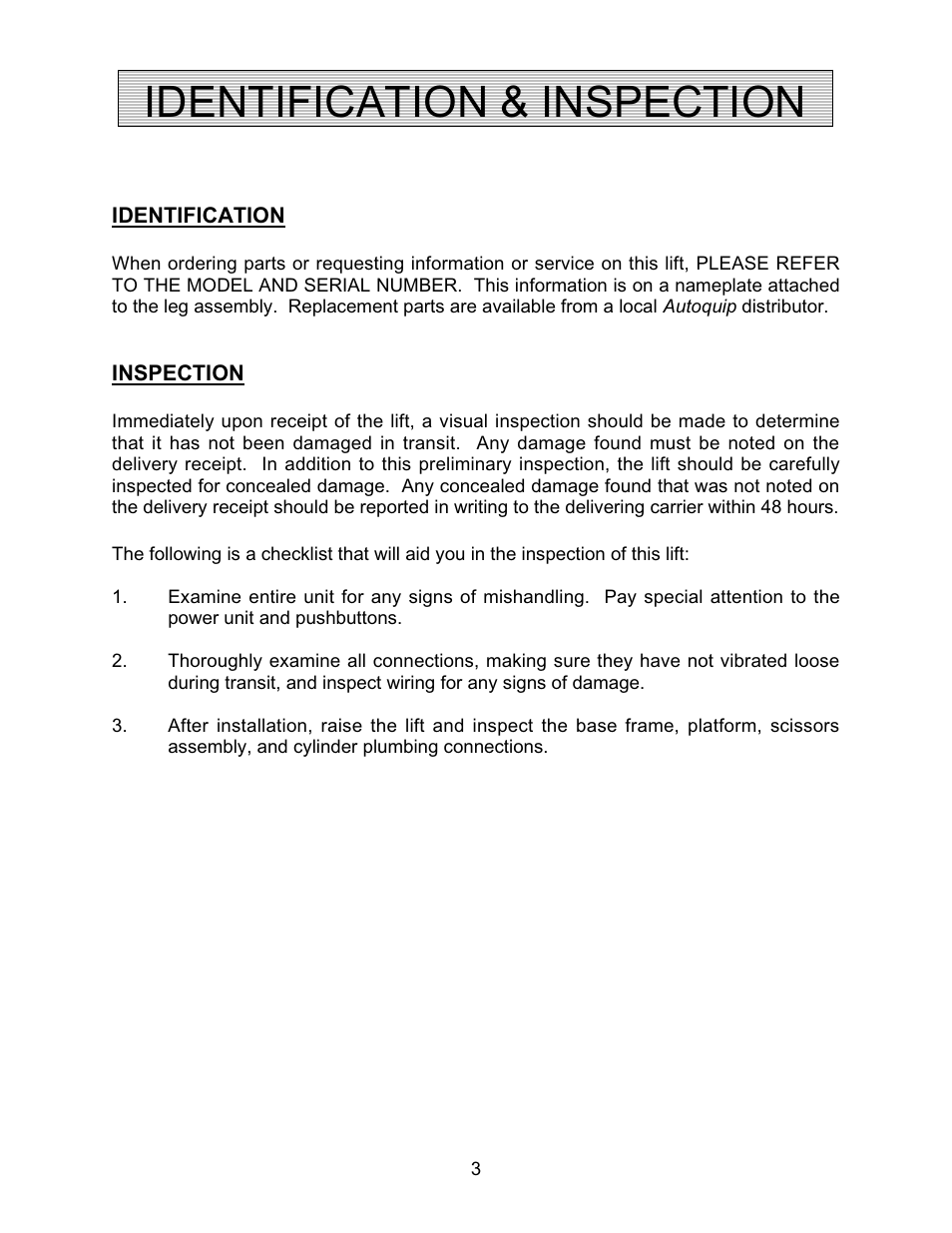 Identification & inspection | Autoquip CMD DOCK LIFT User Manual | Page 3 / 31