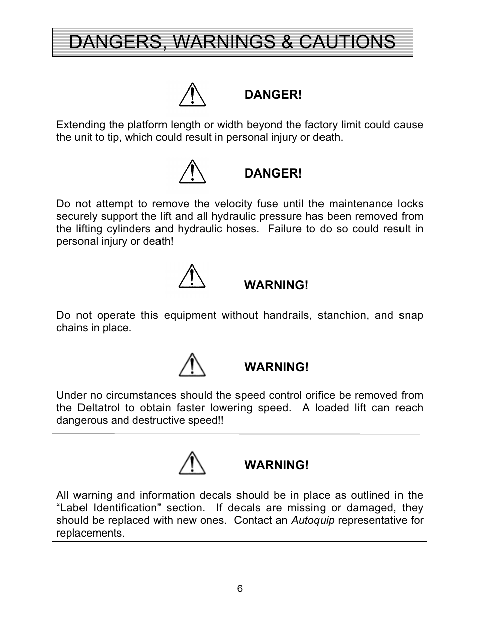 Dangers, warnings & cautions | Autoquip CMD DOCK LIFT User Manual | Page 6 / 31