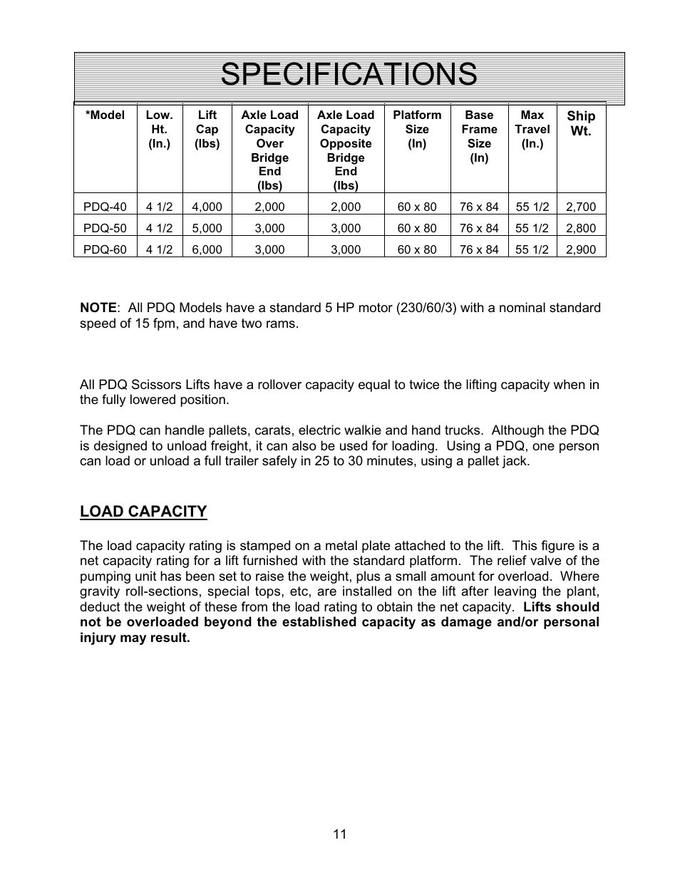 Specifications, Load capacity | Autoquip PDQ DOCK LIFT User Manual | Page 11 / 36