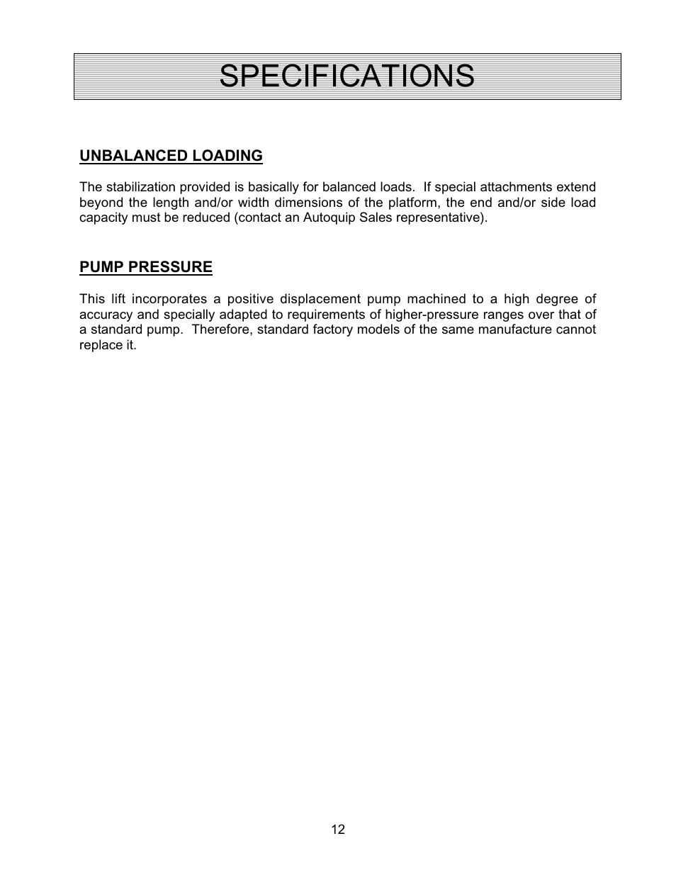 Specifications | Autoquip PDQ DOCK LIFT User Manual | Page 12 / 36