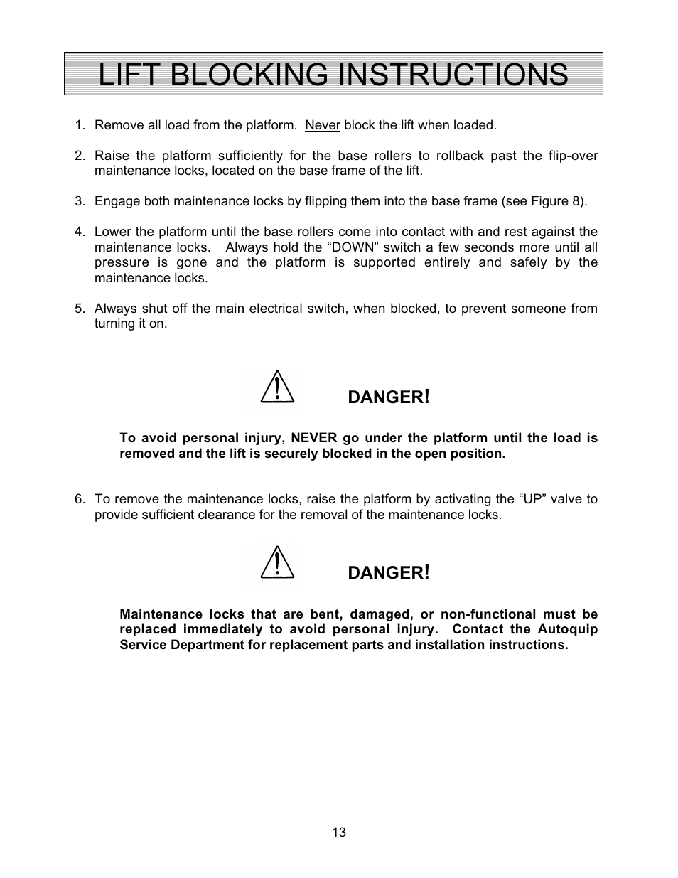 Lift blocking instructions | Autoquip PDQ DOCK LIFT User Manual | Page 13 / 36