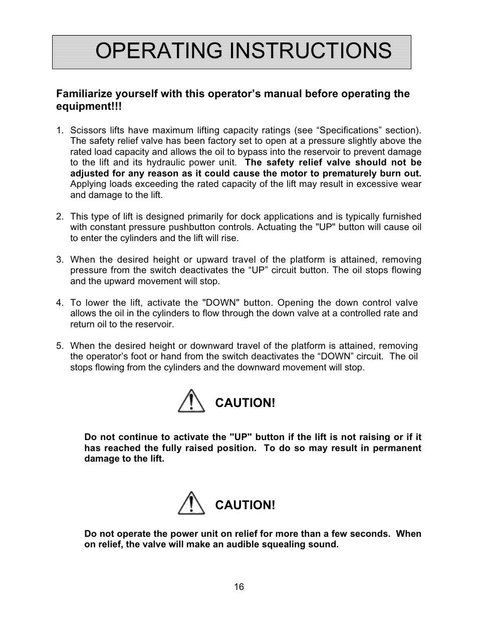 Operating instructions, Caution | Autoquip PDQ DOCK LIFT User Manual | Page 16 / 36