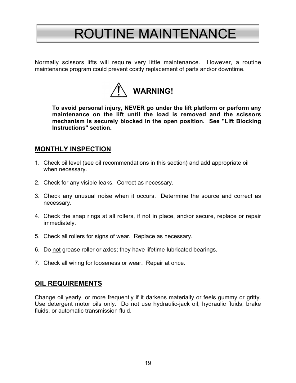 Routine maintenance, Warning | Autoquip PDQ DOCK LIFT User Manual | Page 19 / 36