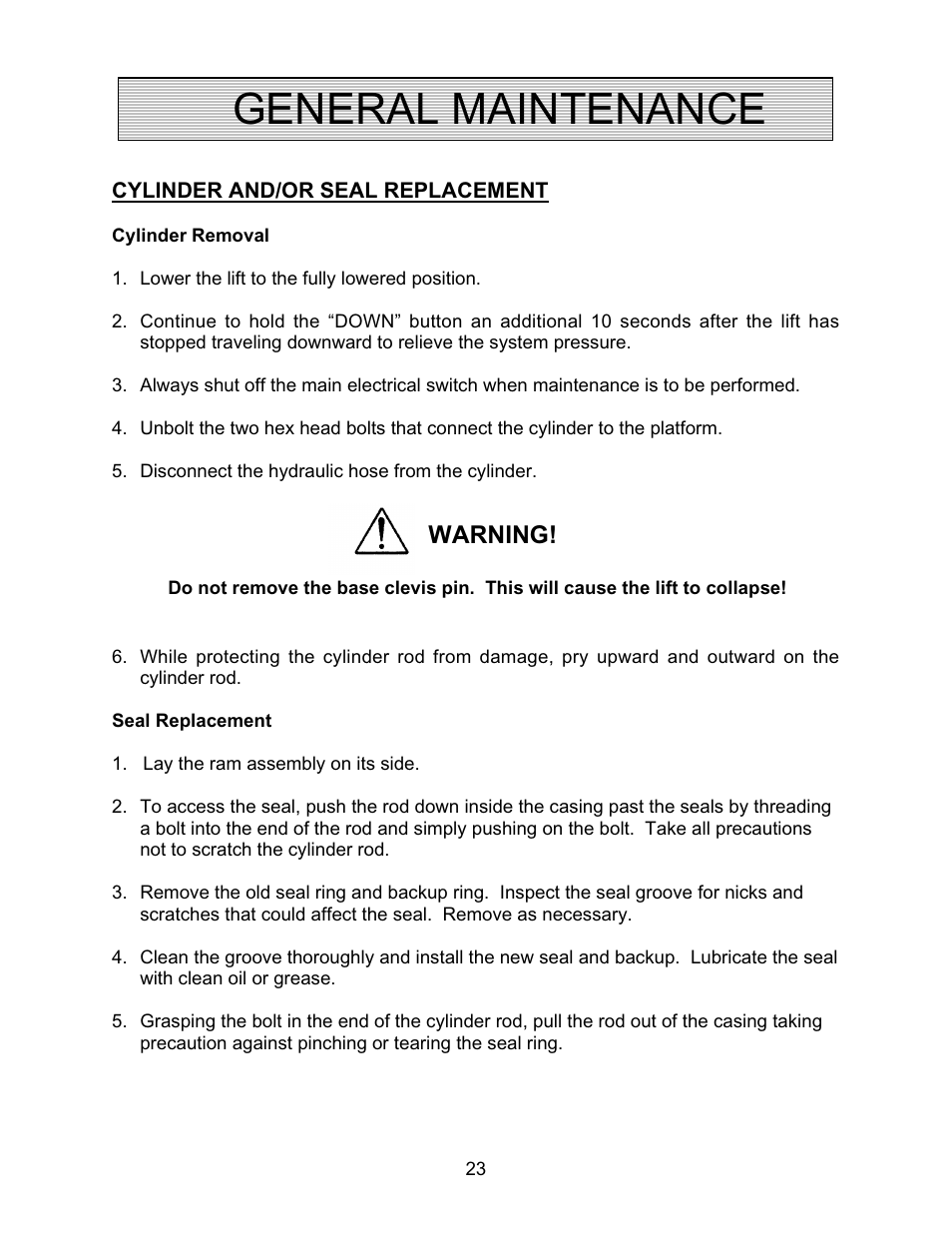 General maintenance, Warning | Autoquip PDQ DOCK LIFT User Manual | Page 23 / 36