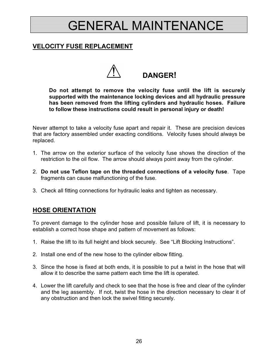 General maintenance, Danger | Autoquip PDQ DOCK LIFT User Manual | Page 26 / 36