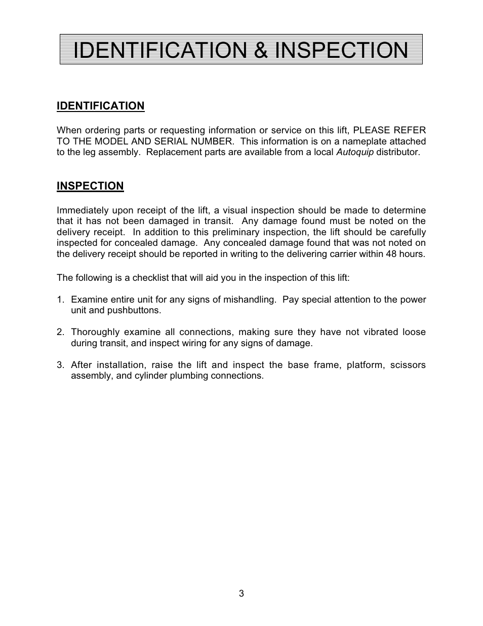 Identification & inspection | Autoquip PDQ DOCK LIFT User Manual | Page 3 / 36
