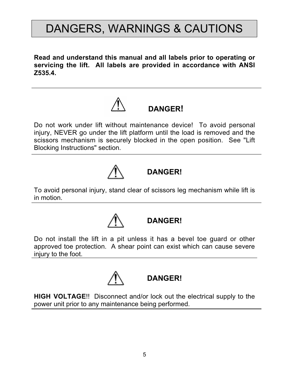 Dangers, warnings & cautions | Autoquip PDQ DOCK LIFT User Manual | Page 5 / 36