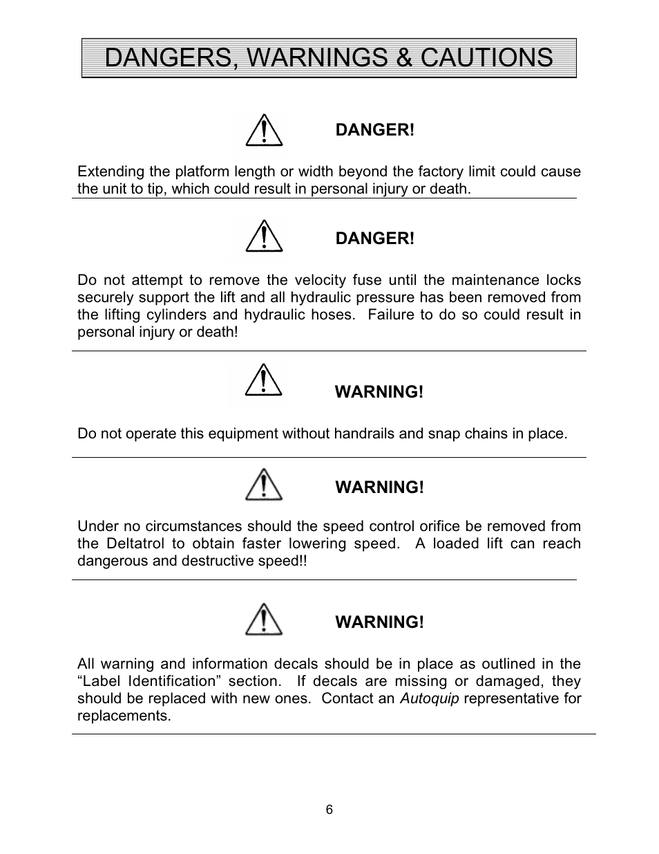 Dangers, warnings & cautions | Autoquip PDQ DOCK LIFT User Manual | Page 6 / 36